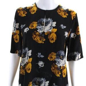 Theory Women's Silk Floral Print Short Sleeve V-Neck Blouse Navy Size P